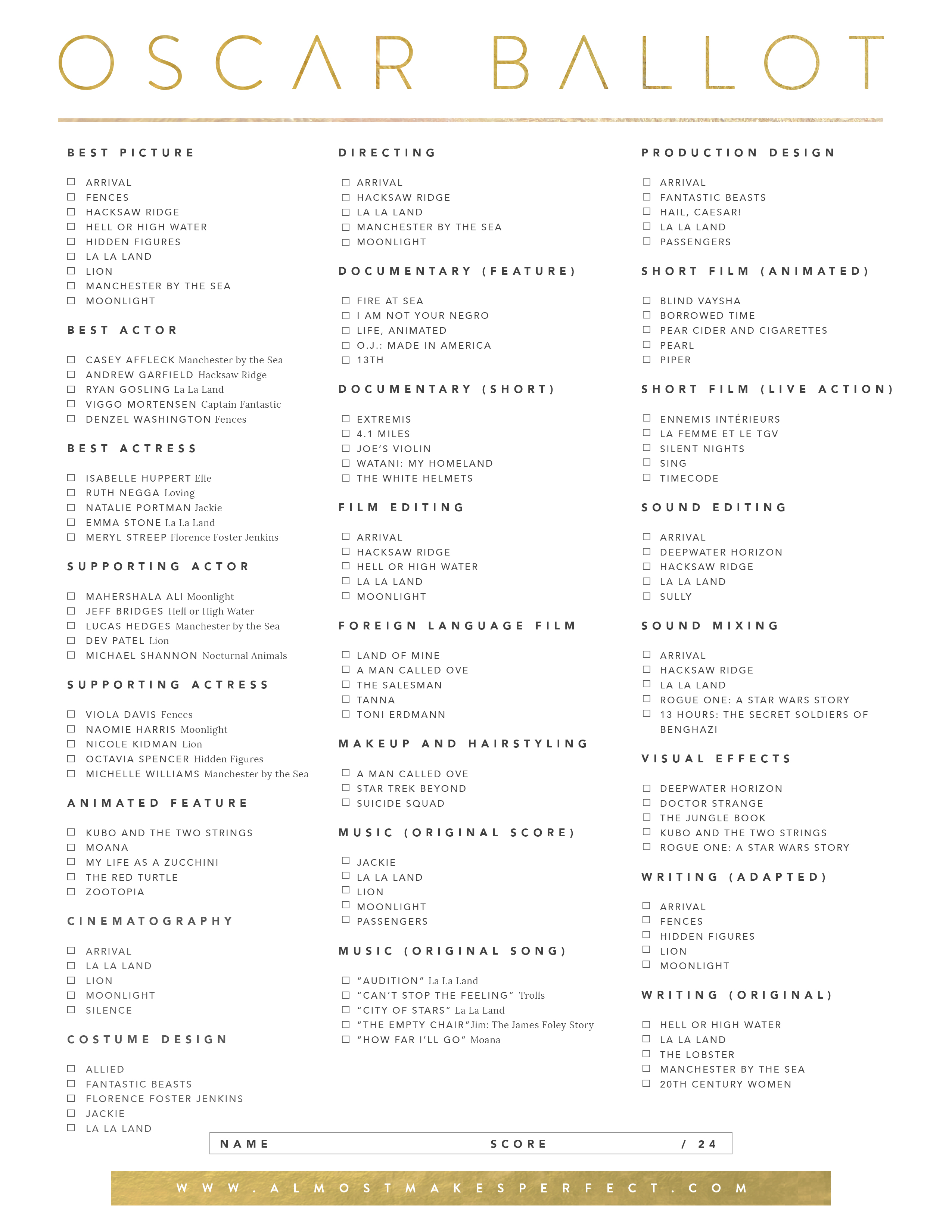 printable 2017 oscar ballot - almost makes perfect