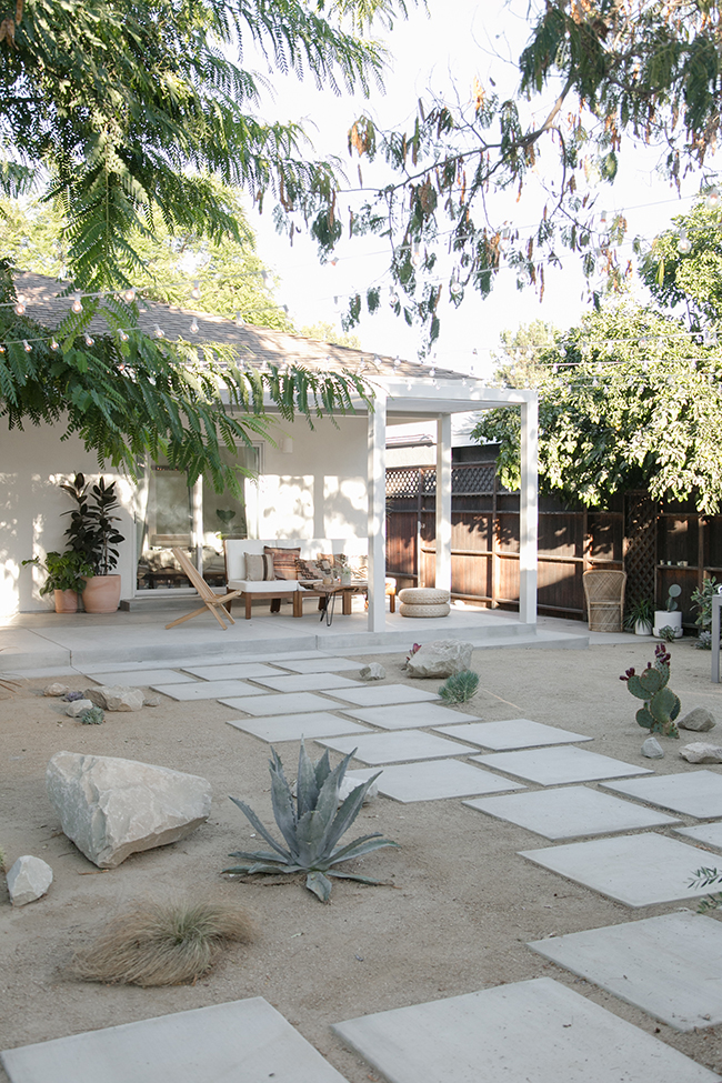 desert backyard with native plants and stone pathway