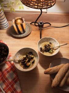 japanese sweet potato soup with crispy brussels sprouts
